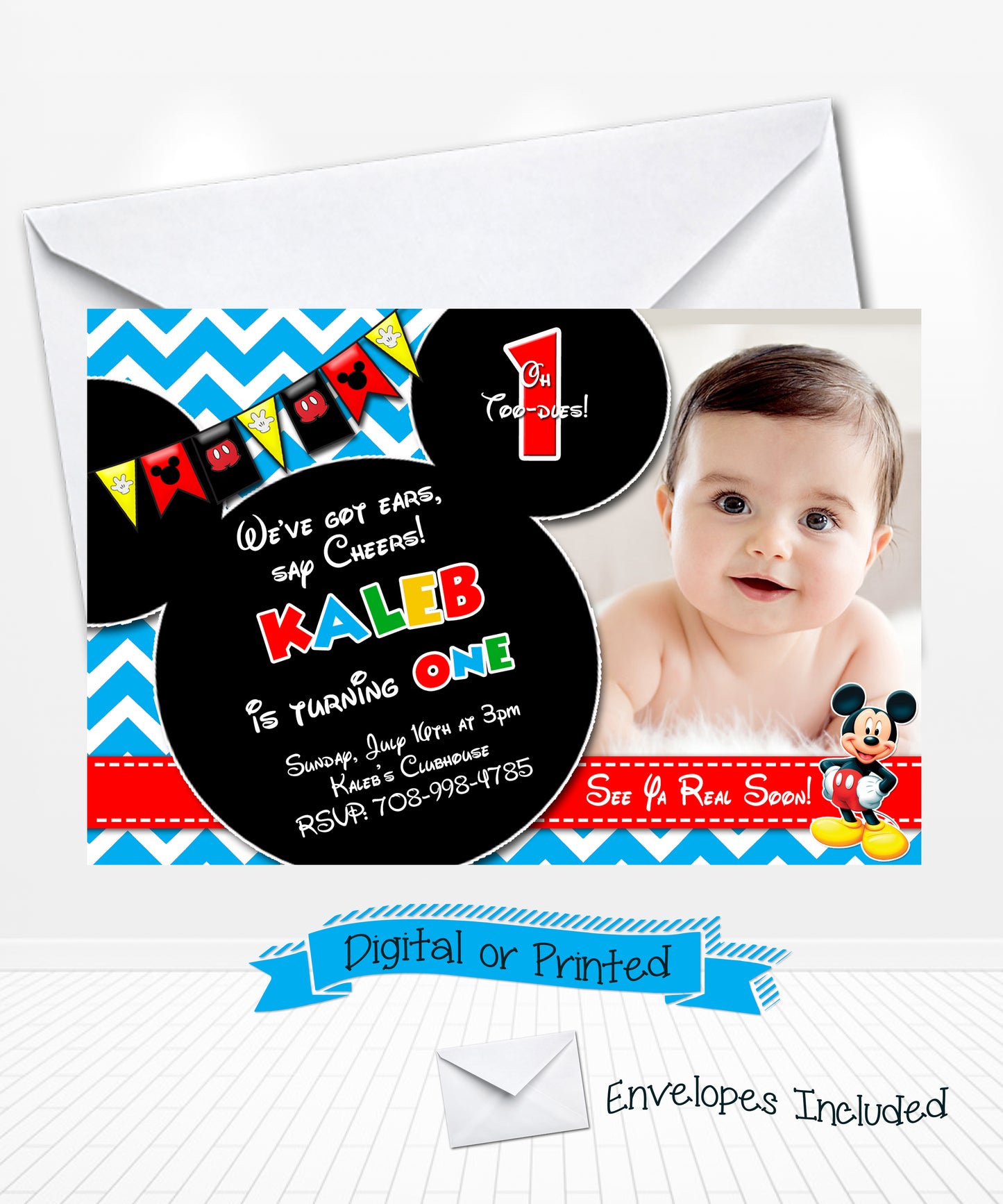 Mickey Mouse Birthday Blue Chevron Invitations
