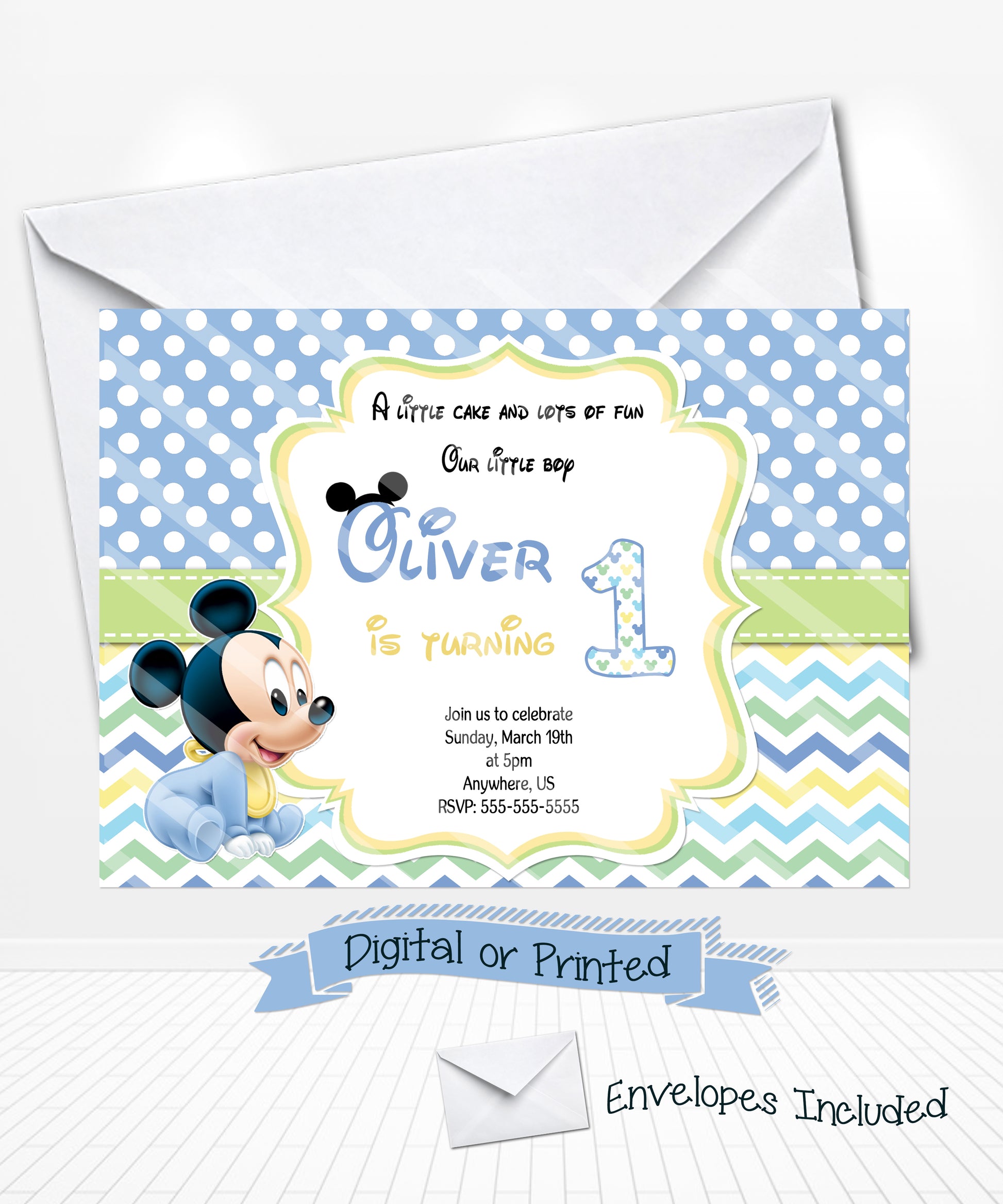 Blue Baby Mickey Mouse Birthday Invitations