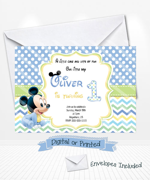 Blue Baby Mickey Mouse Birthday Invitations